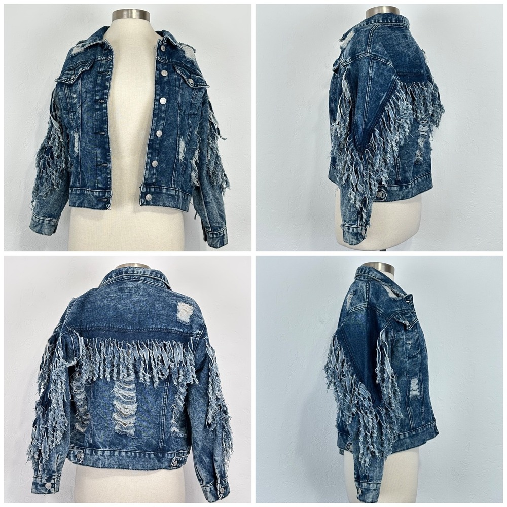 Womens Boho Western Concert Jacket Size Medium Blue Denim Fringe Button Festival
